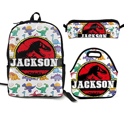 ShowRoom16 Custom Personalized Kids Name Dinosaur T-rex Backpack Insulated Lunch Bag Pen Bag for Boys Girls(Backpack+Lunch Bag+Pen Bag)