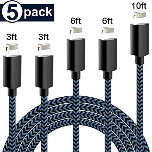 MFi Certified Phone Charger Cable 5-Pack【 3FT/3FT/6FT/6FT/10FT】 Extra Long Nylon Braided Fast Charging& Syncing Cord Compatible with iPhone XS/MAX/XR/X/8/8/Plus/7/7 plus/6s/ 6s Plus-Black and Blue