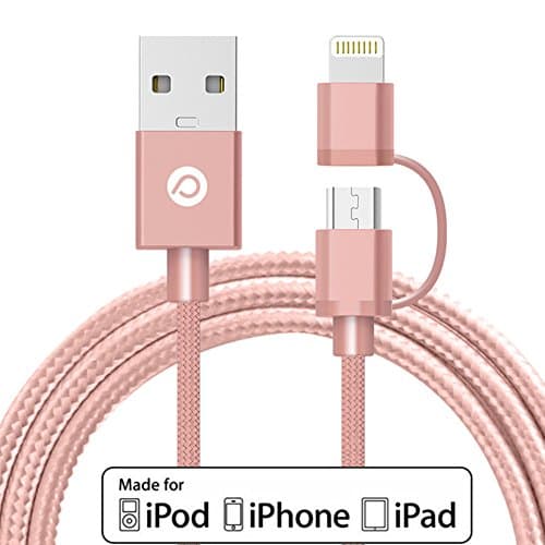 Power Trend MFI Certified 2M 6.6FT 2 in 1 Nylon Braided Cable USB to Lightning Cord for iPhone 7 / 6S / 6 Plus / SE / 5S / 5C / 5 / iPad / iPod and Other Smart Phones and Tablets (Rose Gold)