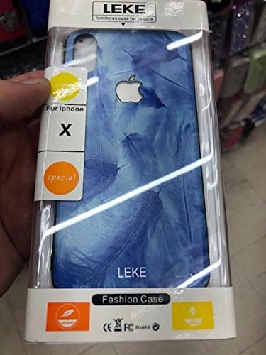 (Blue White Feather Pattern) World’s First 3D Designer Illuminating Luminous LED BackLit Apple Logo Case for Iphone X 10 + FREE White LED Spinner!