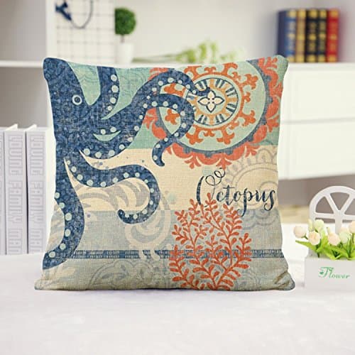 Huacel Ocean Park Theme Throw Pillow Case, Sea Turtle Octopus Fishes Retro Cotton Linen Square Throw Pillow Case Decorative Cushion Cover Pillowcase Blue Ocean Series Sea LIF (Beach 6)