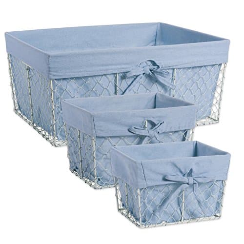 DII Farmhouse Chicken Wire Storage Baskets with Liner, Set of 3, Antique Denim, Assorted Sizes
