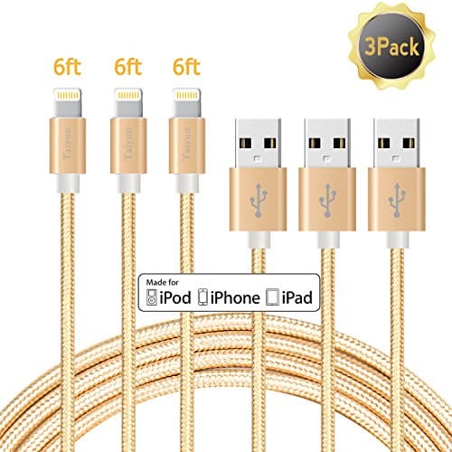 iPhone Cable, 3Pack 6ft Taiyun Charge Cords Nylon Braided Lightning Cable to USB Charging for iPhone 7 Plus / 6 Plus / 5 / SE / iPad / iPod and Other (Gold)