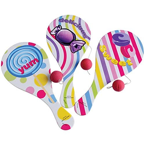 1 Dozen (12) Fun, Colorful Candy/Sweets Paddle Ball Games ~ Party Favors, Giveaways, Goody Bags