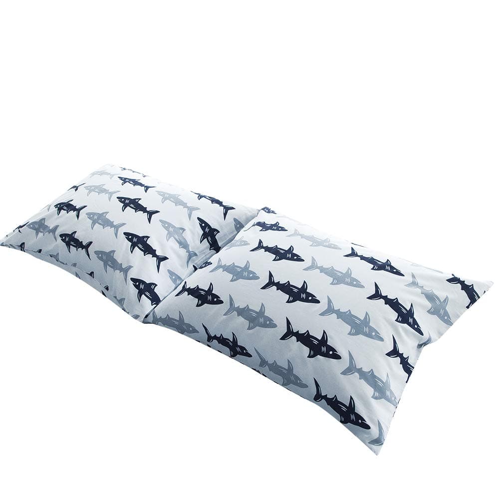 BuLuTu Cotton Navy/Grey Shark Print Bed Pillowcases Set of 2 Queen White Fish Pillow Covers Decorative Standard For Boys Girls Envelope Closure End-Premium,Breathable,Hypoallergenic (2 Pieces,20"×26")