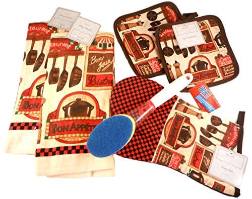 Kitchen Gift Set - Checker Board Bistro Chef - Bundle of 5 Items: 2 Dish Towels, Oven Mitt, Set of 2 Pot Holders, and Brillo Soap Dispensing Scrub Brush (Bon Appetit - Black &amp; Red Checkerboard)