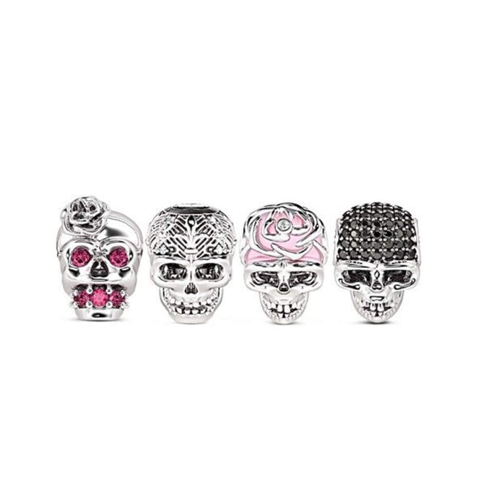 GNOCE[4 Pack Adorable Skull Charm Set Sterling Silver Combination Charm Bead with Cubic Zirconia Fit Bracelet/Necklace Halloween Jewelry Gift for Women Mens