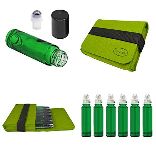 Refillable 10ML Rollon Bottle Set Stainless Steel Roller Ball Include 6 Piece Roller Ball Bottle Portbale Case and Patent Oil Key Tool (10ML, Green)