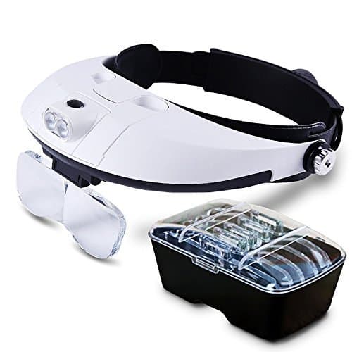 Illumination Headset | Head Mount Magnifier Headband LED Lamp Light with 5 Prime Replaceable and Interchangeable Magnifier PC Lenses : 1.0X, 1.5X, 2.0X, 2.5X, 3.5X | Fit Any Head Size, Black and White