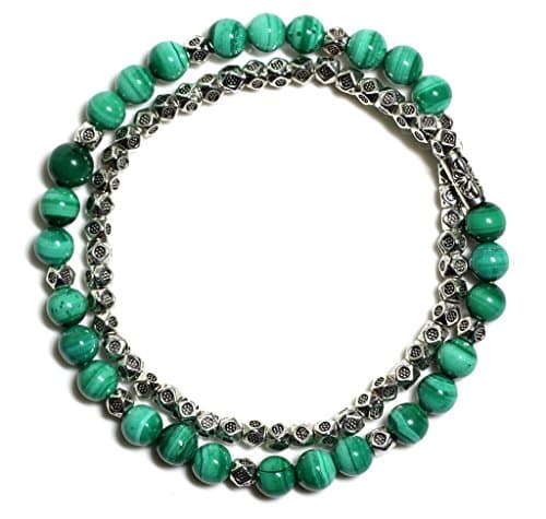Raviga Handmade 6MM Gemstone Bead Double Wrap Bracelet with Silver Tone Alloy Synthetic Malachite Medium