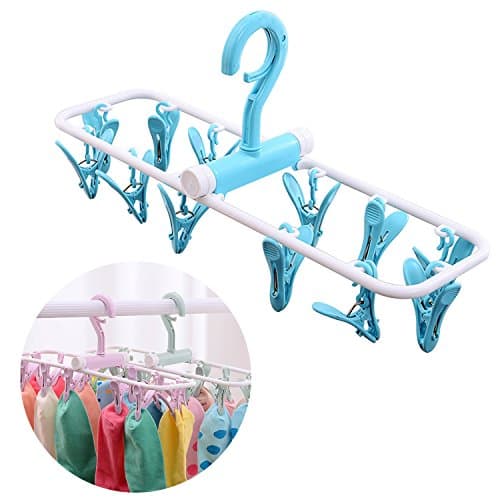 DuranRyan Clip and Drip Laundry Hanger Collapsible Clothes Drying Rack Clothesline Cloth Stand Sock Dryer for Home Outdoor Indoor Travel Wardrobe Bathroom 360 Degree Rotating Adjustable with 12 Clips