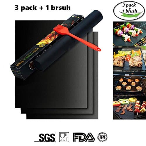 Grill Mat Non-stick BBQ Grill &amp; Baking Mats with a Silicone Brush (Random Color ) - FDA-Approved, PFOA Free,Works on Gas, Charcoal, Electric Grill, - 13 X 15.75 Inches (3 pack with a brush)