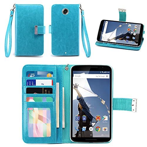 IZENGATE Google Nexus 6 Wallet Case - Executive Premium PU Leather Flip Cover Folio with Stand (Turquoise Blue)