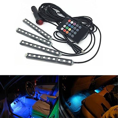 XY ZONE 9 LED Car Interior Light,7 Colors Auto Atmosphere Strip Lights Floor Lamp Glow Neon Lighting Kit with Wireless Remote Control Voice RC Colorful Strip Light Set + Car Charger