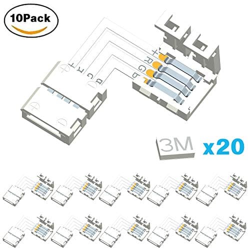 PFDO 10X L Shape 4 Pin Connector 10mm Non-Waterproof Quick Splitter Right Angle Corner Connector 12V 72W Clip for 3528/5050 SMD RGB 4 Conductor LED Strip Lights Strip to Strip (L Shape Connector)