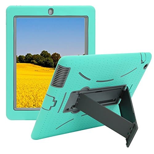 TKOOFN Silicon Defender Multilayer Protective Military Shockproof Bumper Case with Built in Stand for Apple iPad 2 / iPad 3/ iPad 4 + Screen Protector+ Stylus+Cleaning Cloth, Gray/Green - PT7708
