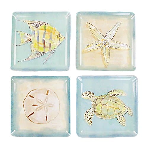 Colias Wing 6" Ocean Serise Fish/Turtles/Starfish/Stone Pattern Design Melamine Plates Holiday Dessert Plates Christmas Dinner Plates(Set of 4)-Square