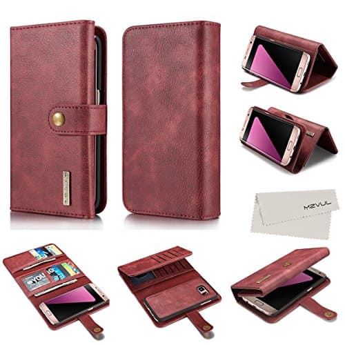 S7 Edge Wallet Case, MZvul Tri-fold Premium Leather Wallet Case Stand Flip Cover with Foldable Cover and Magnetic Detachable Feature Multiple Card Slots for Samsung Galaxy S7 Edge- Red