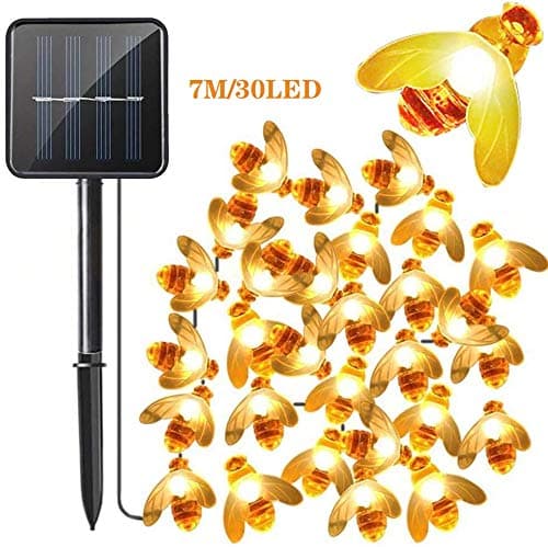 Olycism Honeybee String Lights 7M/23Ft Solar Garden Lights 30 LED Honey Bee Fairy String Lights Solar Powered Waterproof Outdoor Indoor Lighting for Flower Fence Lawn Patio Yard Party Decoration