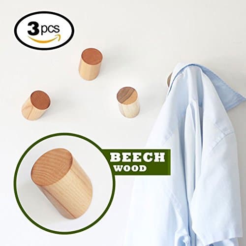 Duruthien Wood Wall Hook, Coat Hooks, 3 Pcs, Handmade Craft Hat Rack, Wall Mounted, Lab, (Natural Beech Wood)