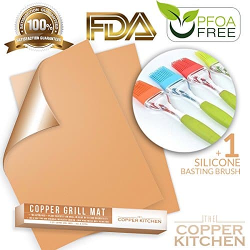 The Copper Kitchen Copper Grill Mat Set of 2 + Basting Brush - 100% Non-Stick BBQ Grill Mat Gold - Easy to Clean and Reusable