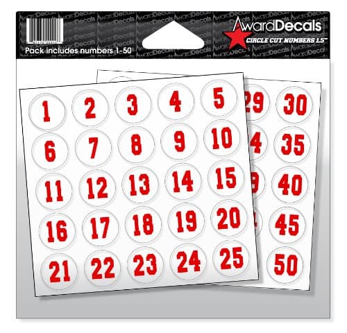 Number Stickers (Red on Clear) for Helmets 1.5" circle 1-50 (Baseball, Softball, Hockey, Etc.) The Original Award Decals Premium 20mil Thick Helmet Decals Made in The USA Since 1976