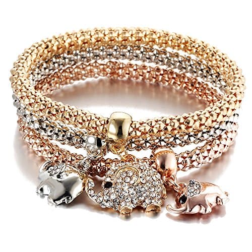 Stretch Bracelets I’s 3PCS Gold/Silver/Rose Gold Corn Chain Crystal Charms Multilayer Bracelets for Women (Elephant)