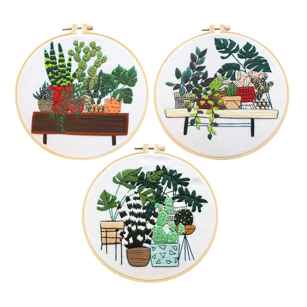 Cross Stitch Kit Hand Embroidery Kit Include 3 Embroidery Clothes with Pattern, 3 Plastic Embroidery Hoops, Color Threads and Tools