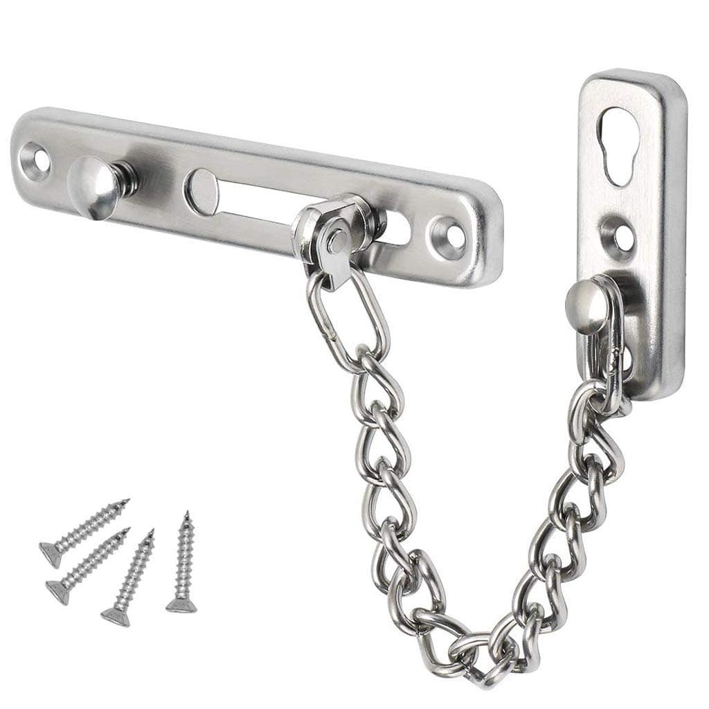 Sliding Chain Door Guard Lock with Security Spring Anti-Theft Press Button, Heavy Duty Childproof Front Door Chain Latch Lock, Stainless Steel Brushed Nickel