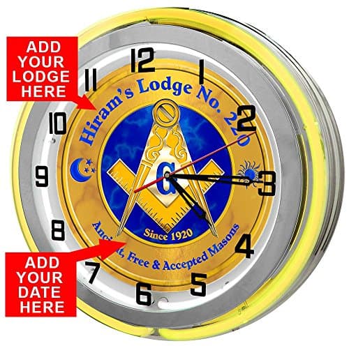 Customized Free Masons 18" Yellow Double Neon Garage Clock from Redeye Laserworks