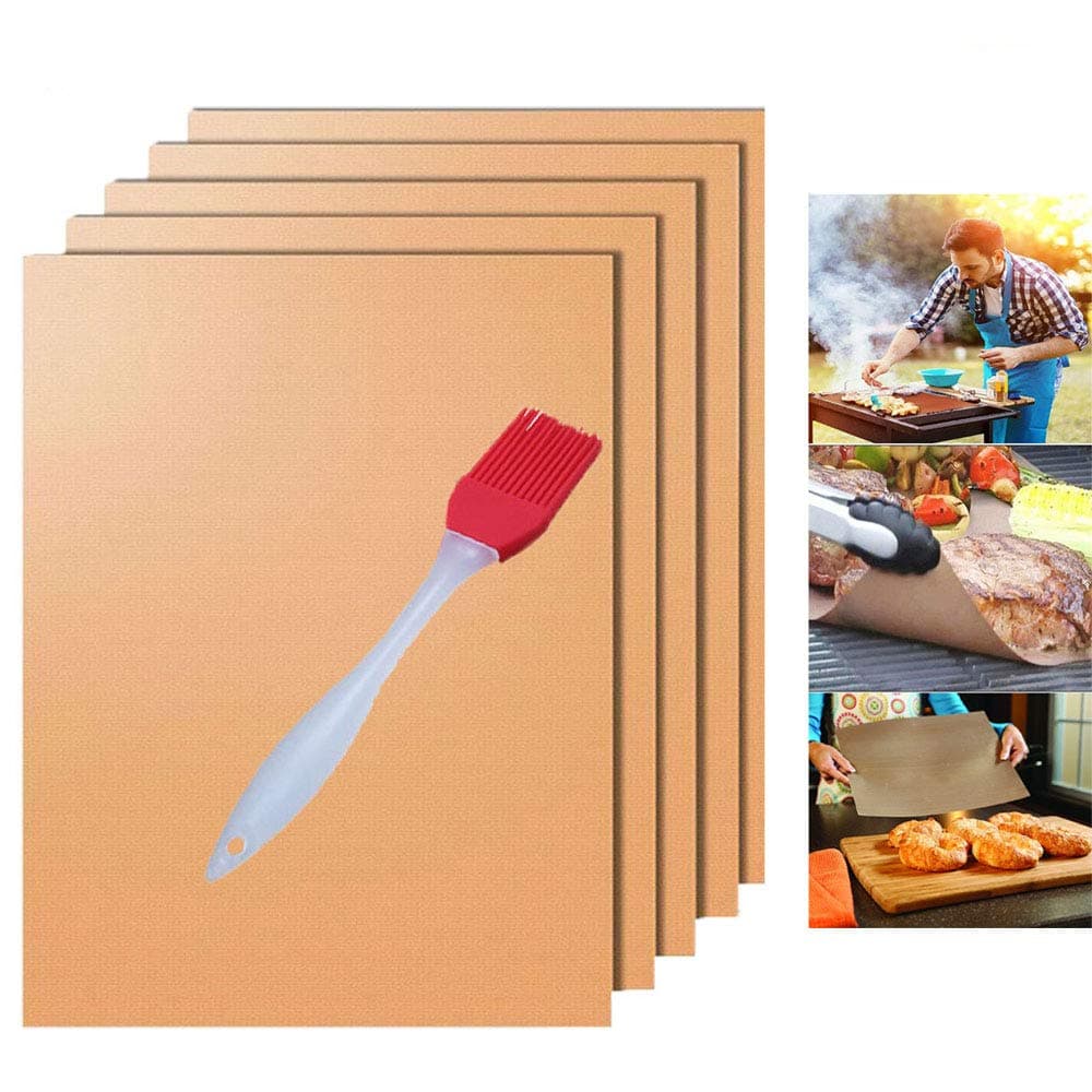 Eholder BBQ Grill Mat,Non Stick Microwave Oven Tray Liner Teflon Cooking Mats - Heat Resistant for Baking on Gas,Charcoal or Electric Set of 5 + 1 Silicone Basting Brush Copper