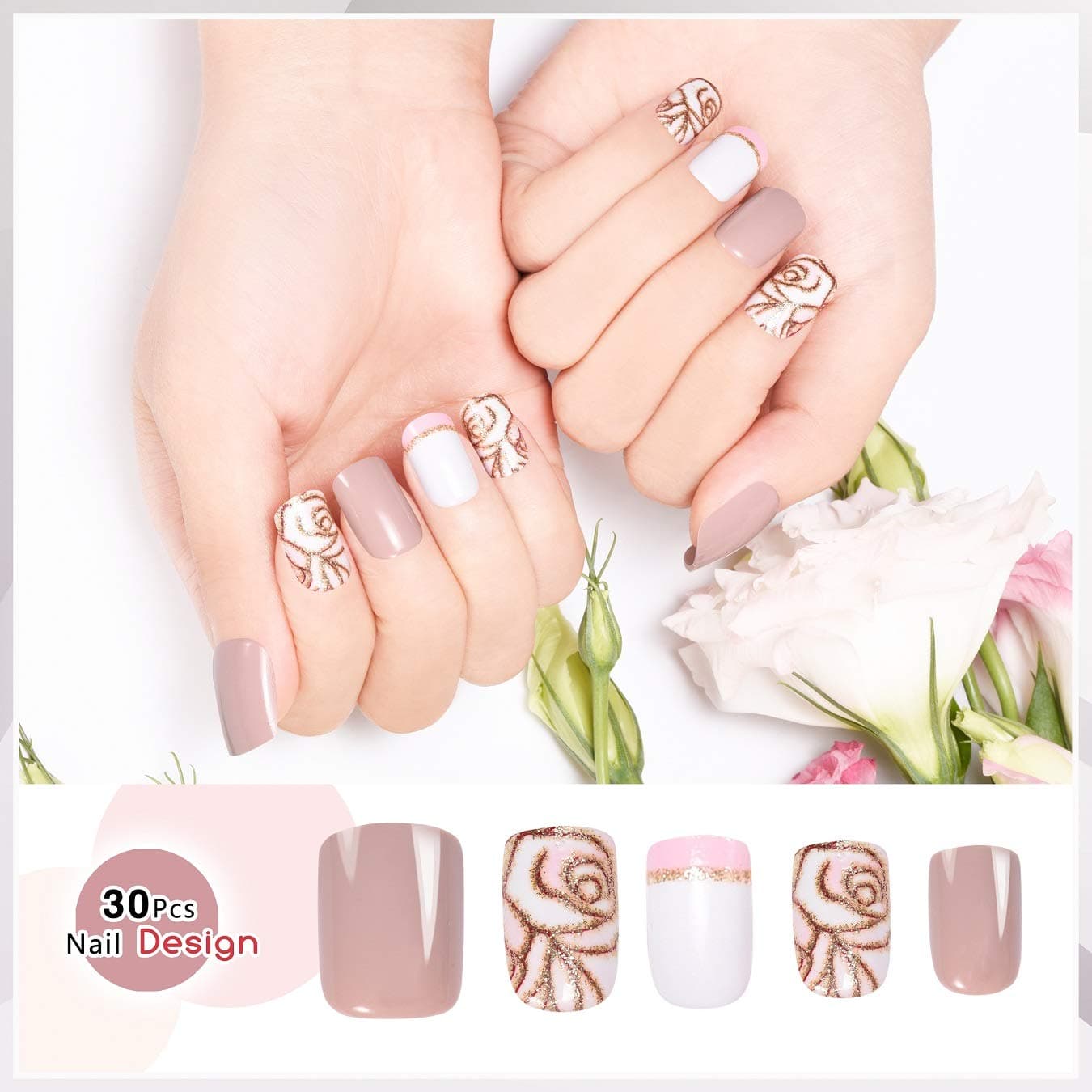 Doreliss False Nails, Press On Nails, 30 Pcs Full Cover Glossy Square Fake Nails, Reusable Nails with nail tapes Pink for Women and Girls DIY Art Nails