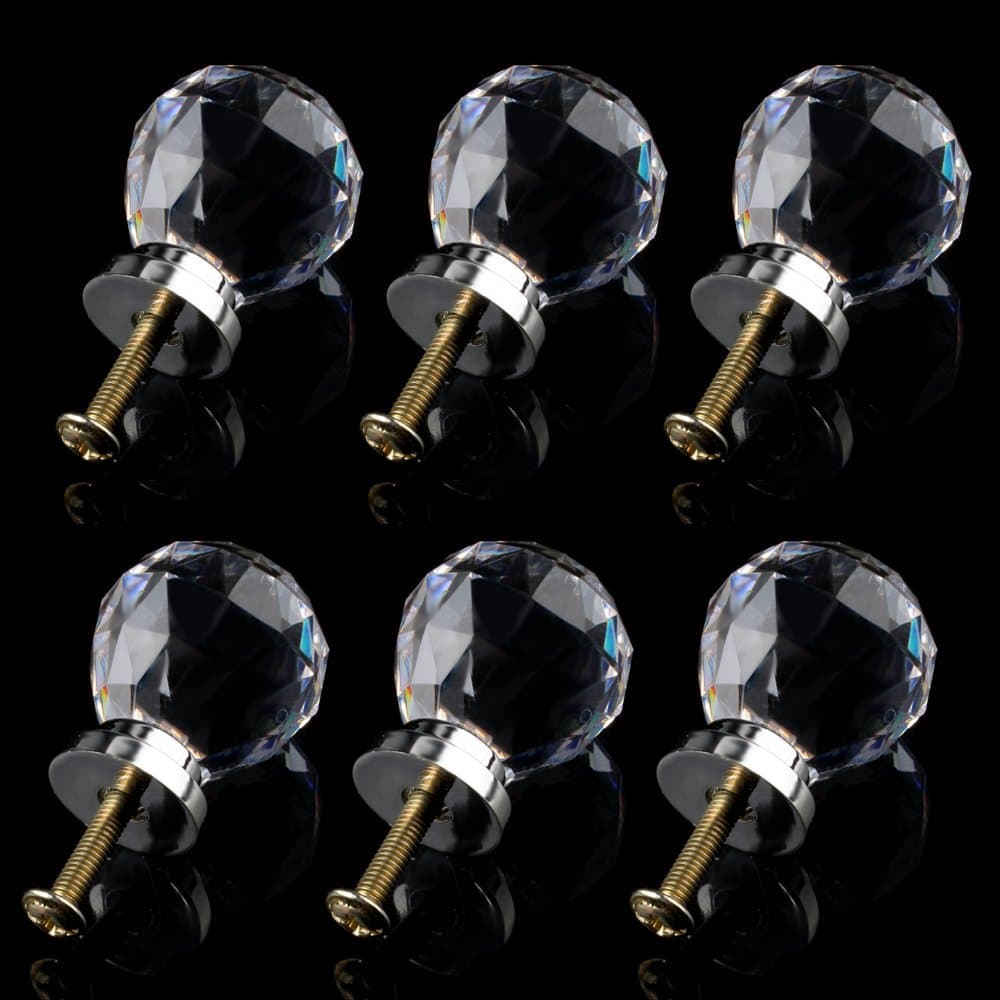 SODIAL(R) 6 x Crystal Glass Clear Door Knobs / Handles 30mm Drawer Kitchen Silver