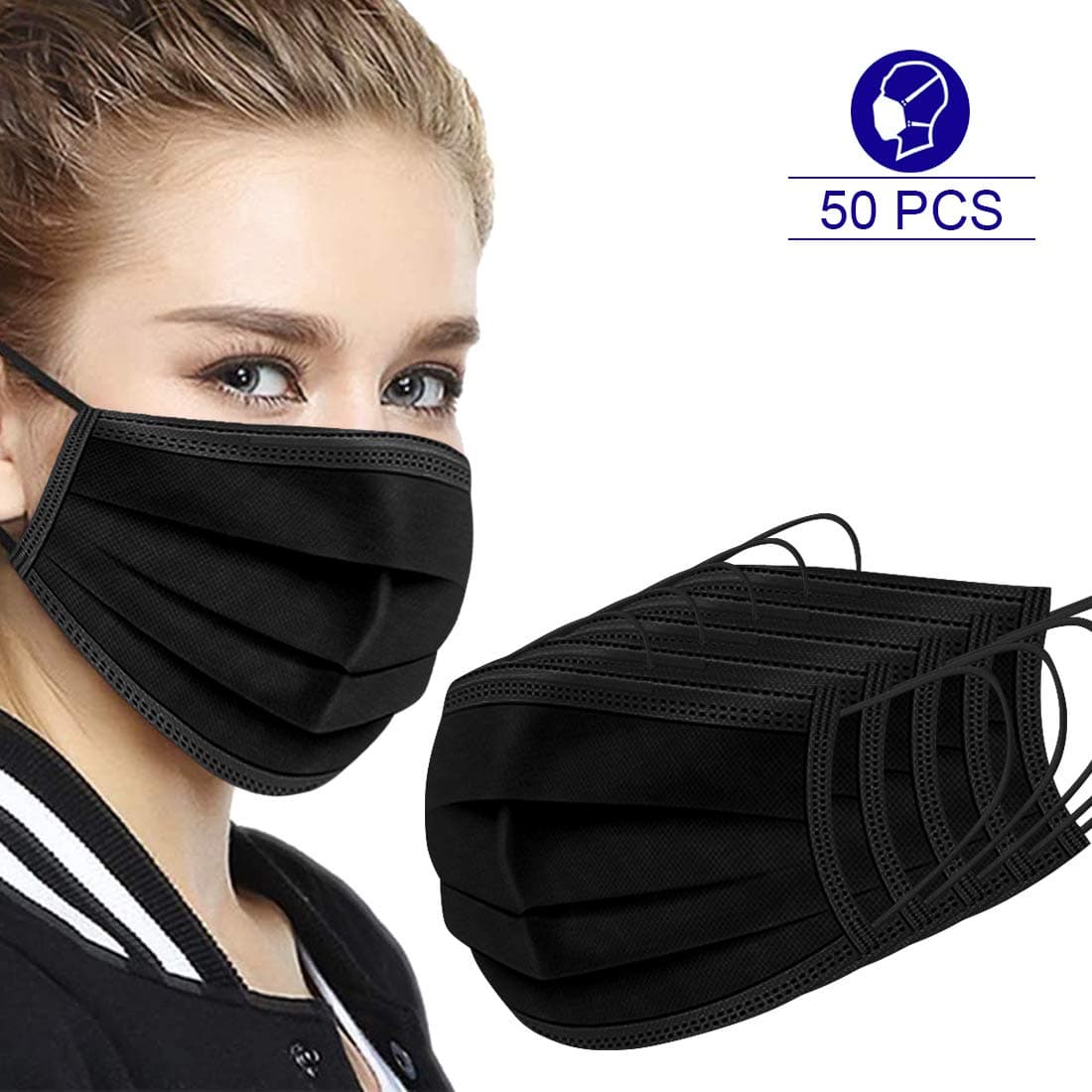 50 Pcs Disposable Face Cover 3 Layers Breathable Anti Dustproof Protection Mouth Black Face Cover Black