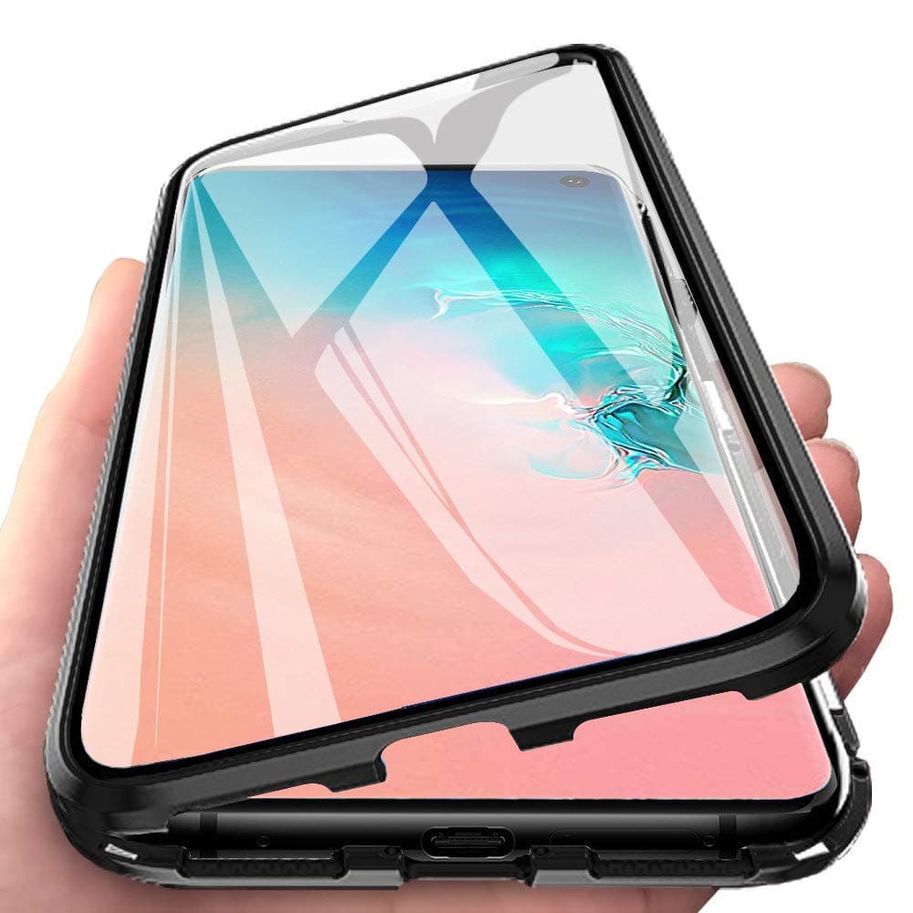 UPSTONE Compatible for Galaxy A50 Magnetic Adsorption Double Side Tempered Glass Case,Ultra-Thin Magnetic Metal Frame Full Body Protection Cover Support Wireless Charging (Black)