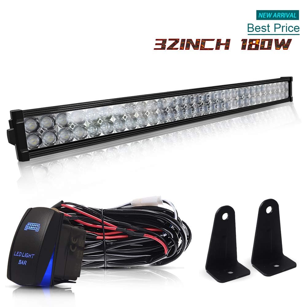 32" Inch 180W Led Light Bar Combo Grill Windshield Bumper Light Bar + 1x Rocker Switch + 1x Wiring Harness for ATV Truck Jeep Wrangler Dodge Chevy RV Ford F250 F350 Toyota Polaris RZR Golf Cart