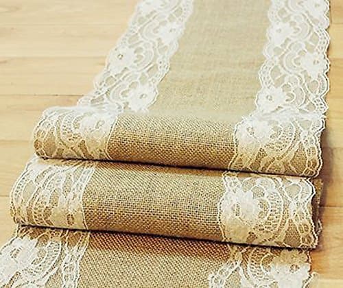 MEIHUA Natural Burlap Table Runner with Lace Wedding Decor Rustic Shabby Chic Hessian Jute Outdoor Party (Length: 118")