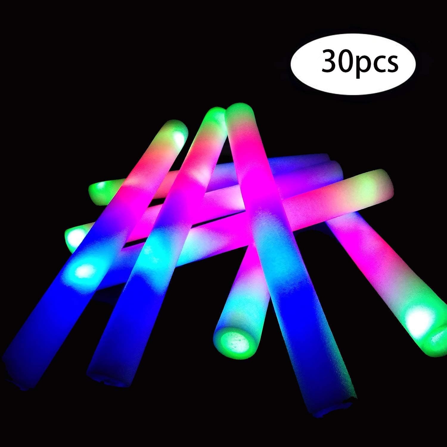 YanXi7 30 Pcs Glow Sticks, 16" Multicolor LED Light Up Foam Sticks Baton Strobe with 3 Modes Color Changing Flashing, Light Up Toys for Party Favors Supplies Festivals Raves, Children Toy