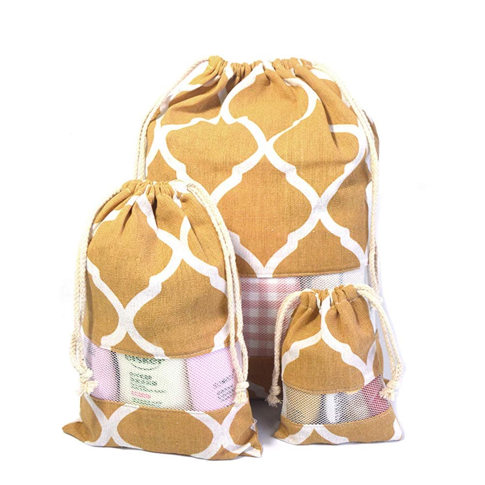 Belsmi 3 Set Cotton Storage Pouch Laundry Bag Drawstring Travel Breathable Dust-Proof Multi-Functional Bag (Yellow Lattice)