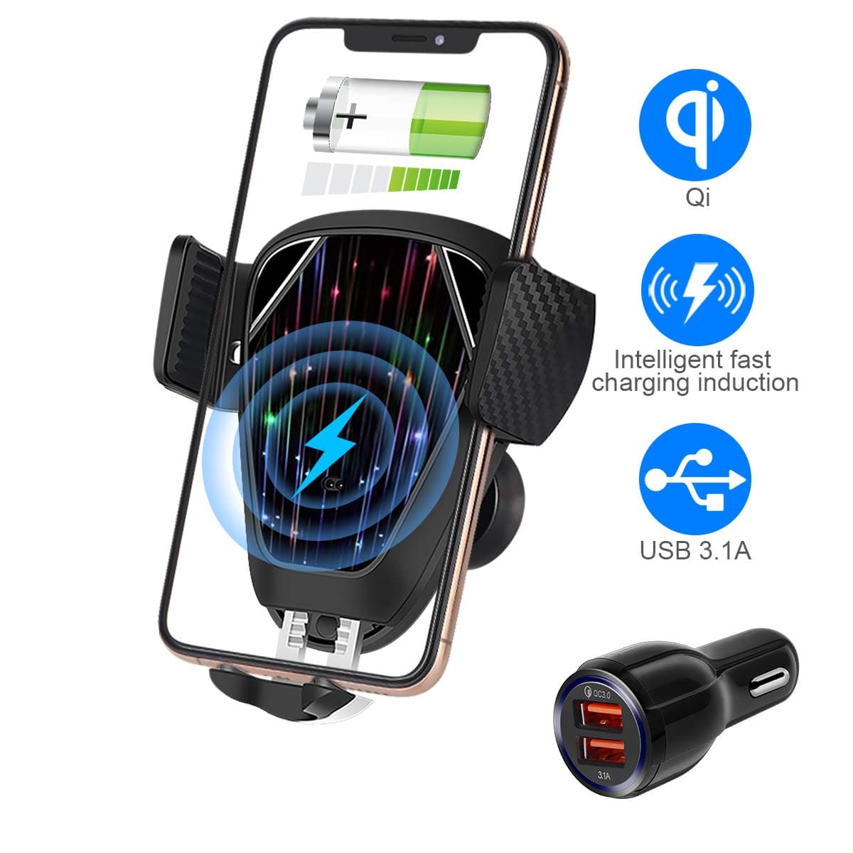 Wireless Car Charger,Automatic Retractable 10W/ 7.5w Qi Wireless Fast Charging Car Mount,Compatible with iPhone 11/11 Pro/ 11 Pro Max/XS/XS Max/XR/X/8/8+， Samsung Note 10/S10/S10+te 9/S9/S8/S8+