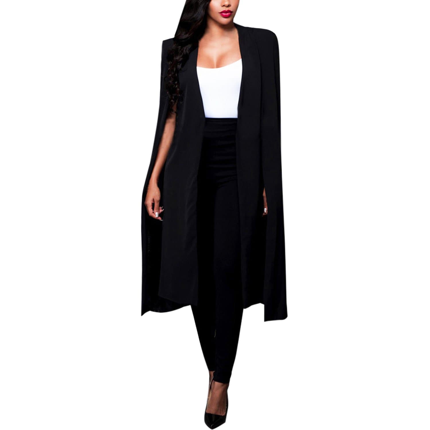 Women's Spring Cape Blazer Trench Duster Coat Casual Open Front Long Cloak Cape Solid Color Suit Jacket