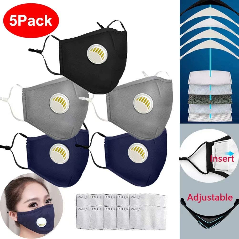 5 Pack PM2.5 Cotton Face Mask Washable Activated Carbon Filter Respirator Mouth Masks Dustproof Earloop Safety Mask,with 10Pcs Filters