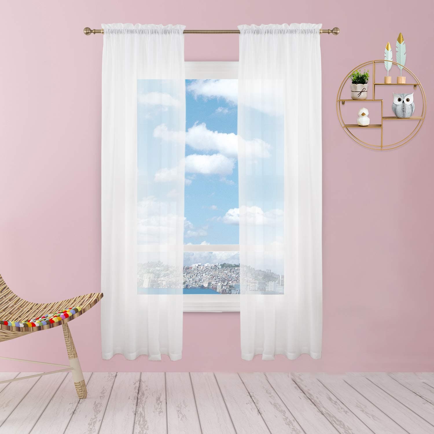 Anjee Semi Sheer Chiffon Curtain, Embossing White Streak Pattern Voile Drape, W52 x L96, for Bed Room