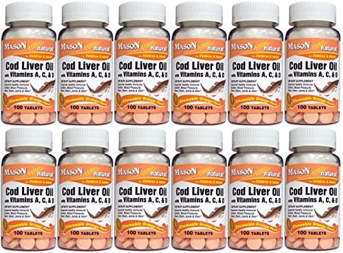 Mason Vitamins Cod Liver Oil with Vitamin A, C & D Orange Flavor Chewable Tablets, 100 Count Bottle