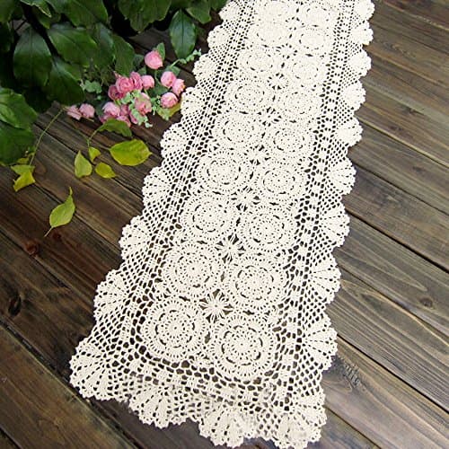 KEPSWET Cotton Handmade Crochet Lace Table Runner White Rectangle Coffee Table Dresser Decor (14x84 inch)
