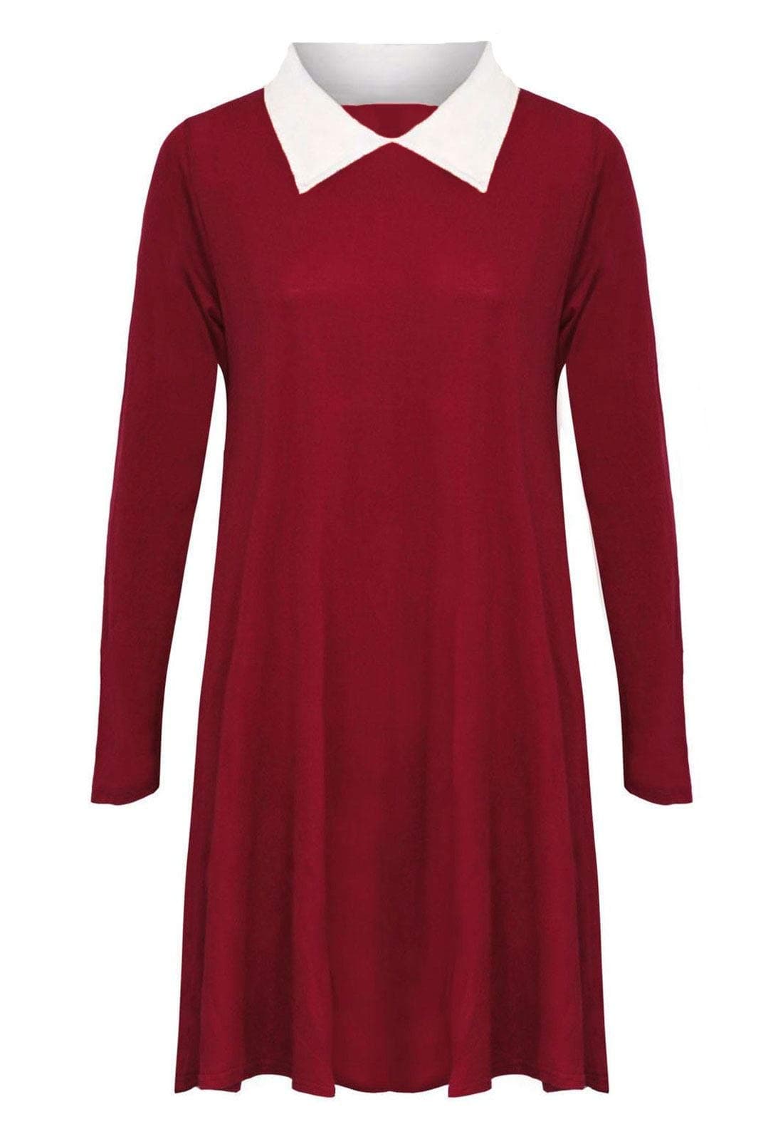 RIDDLED WITH STYLE Womens Full Sleeves Peter Pan Flared Swing Dress Ladies Contrast Collar Dress#(Wine Long Sleeve White Collar Plain Swing Dress#UK 12-14#Womens)
