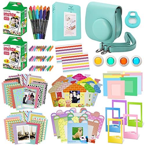 Xpix 135Pc. Fujifilm Instax Mini 8/8+ (Green) Accessory Kit – includes 40 Instax Film, Case, Album, selfie mirror, 4 colored close up filters, 40 film frames, 12 color markers & Complete Bundle