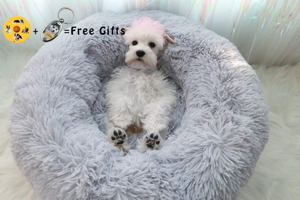 Lamzoom Dog Bed Warm Soft Plush Comfortable Pet Bed,Washable Waterproof Round Plush Donut Cats Nest Bed Soft Cushion (100cm in diameter, grey)