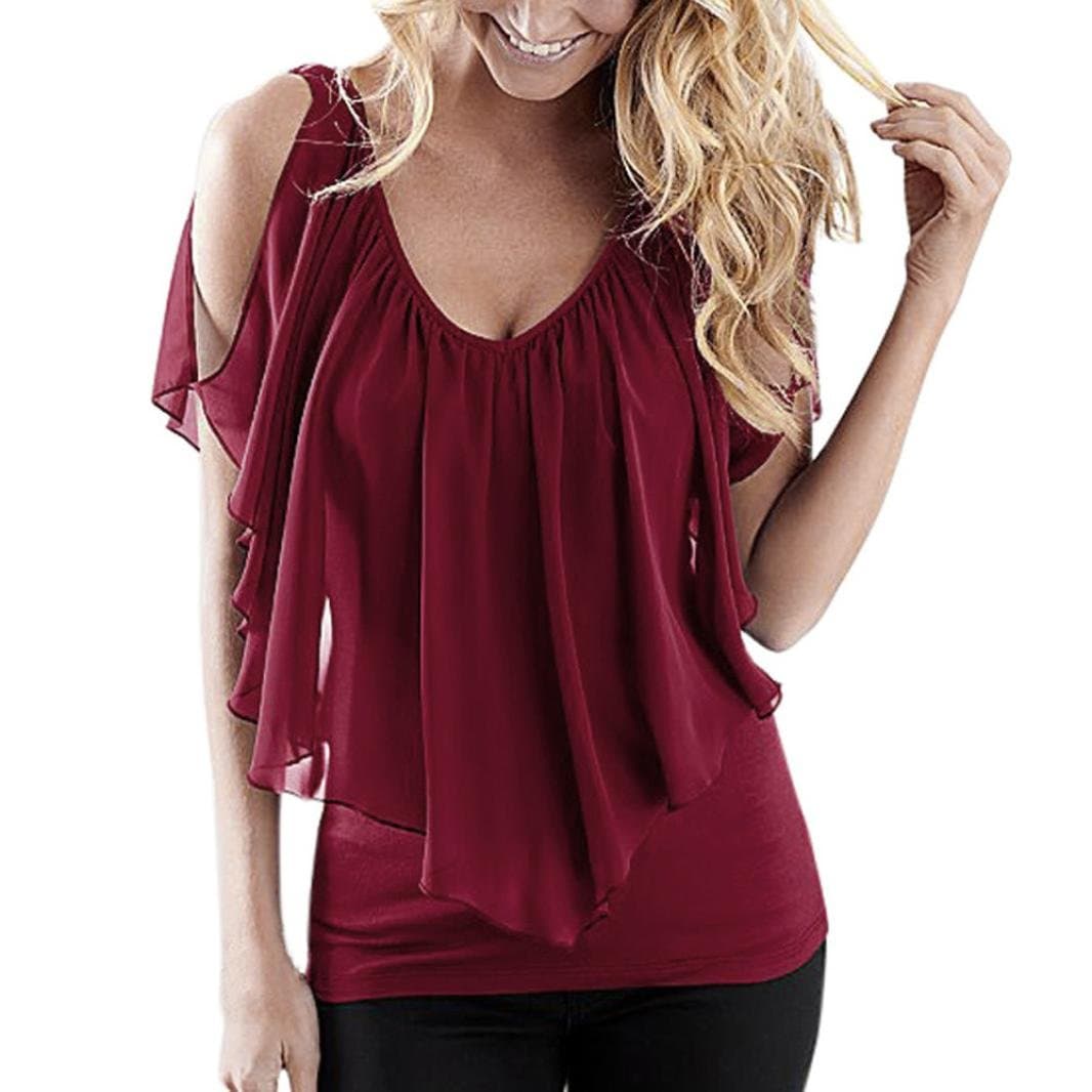 Misaky Plus Size Shirts, Women's Summer Chiffon Blouses Cold Shoulder Tops