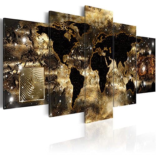 World Map Canvas Wall Art Large Gold Compass Picture Modern Painting Continents of Bronze Artwork Framed Home Decor for Bedroom 5 Panel Easy Hanging 60x30 inch